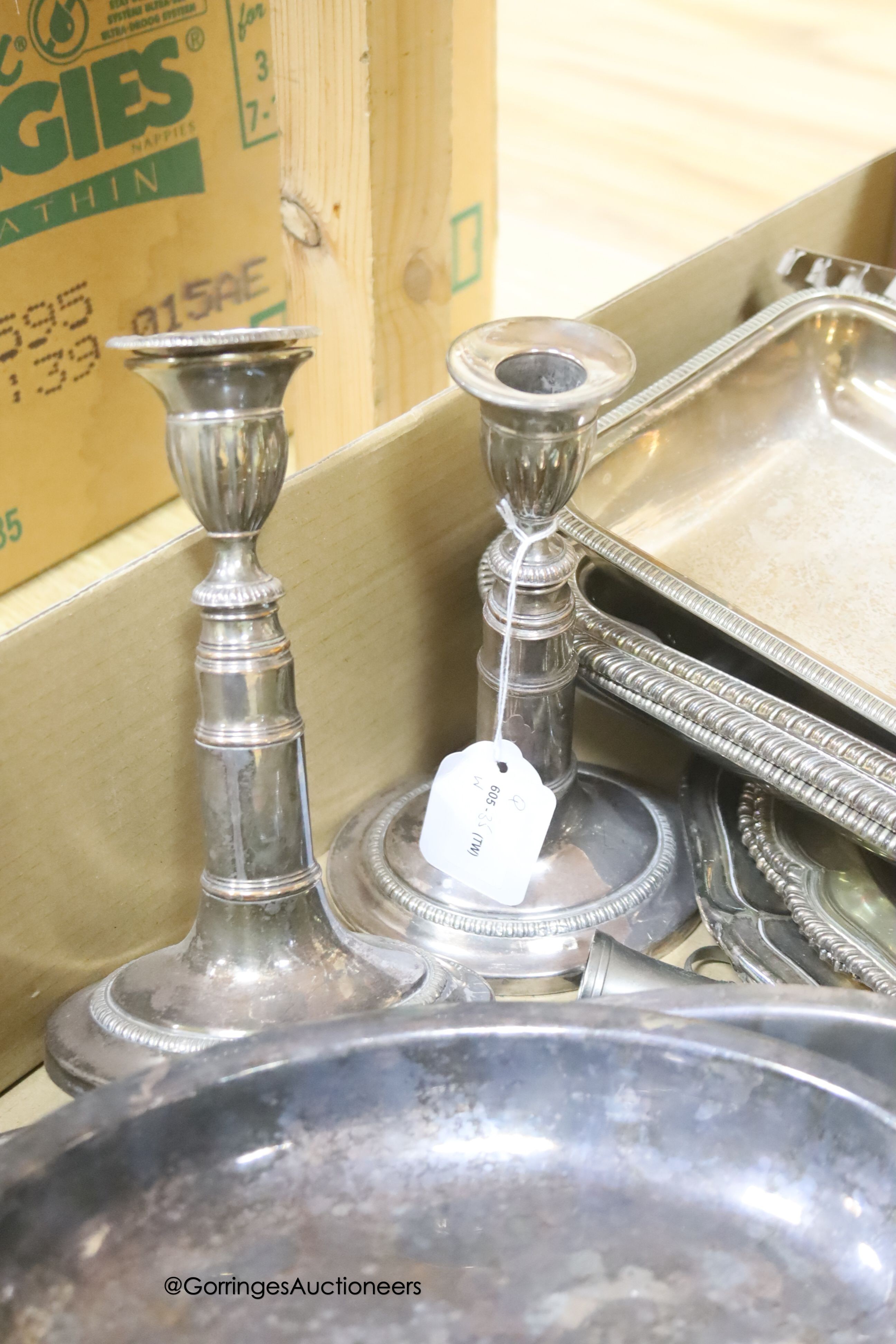 A pair of Sheffield Plate telescopic candlesticks and a quantity of plated wares